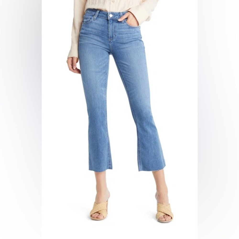 PAIGE Shelby Raw Hem Crop Flare Jeans in Distressed Bliss.